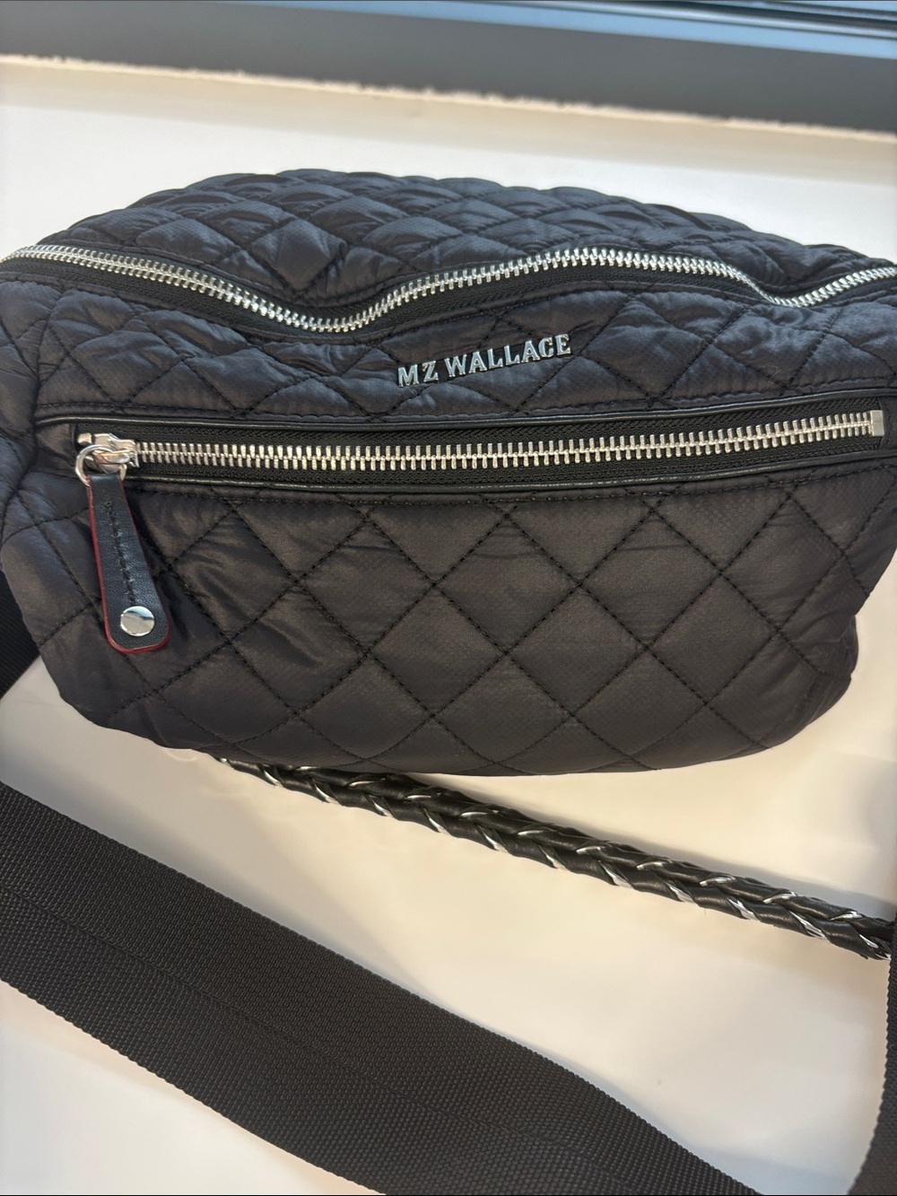 MZ Wallace Quilted Black Belt Bag with Silver Zippers